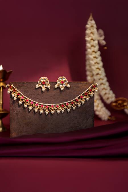 Buy_Riana Jewellery_Red Stones Delicate Yet Minimalistic Single Line Necklace Set _Online_at_Aza_Fashions