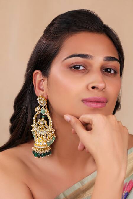 Riana Jewellery Green Faux Diamonds Heritage Jhumkis Online at Aza Fashions Riana Jewellery_Green Faux Diamonds Heritage Jhumkis _Online_at_Aza_Fashions