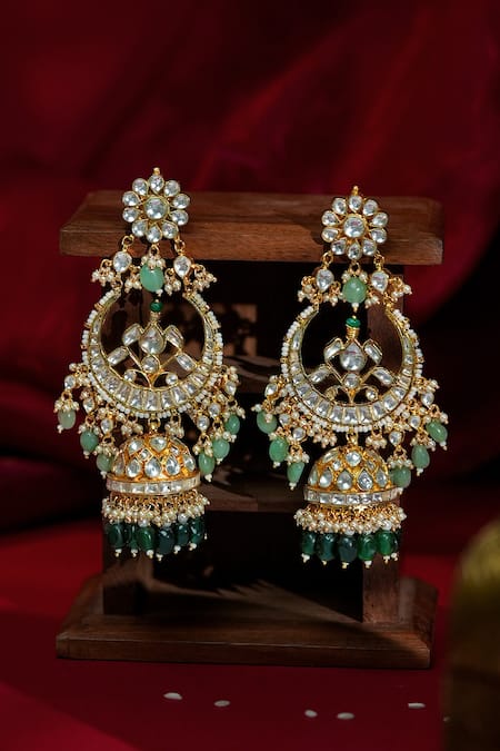 Shop Riana Jewellery Green Faux Diamonds Heritage Jhumkis at Aza Fashions Shop_Riana Jewellery_Green Faux Diamonds Heritage Jhumkis _at_Aza_Fashions