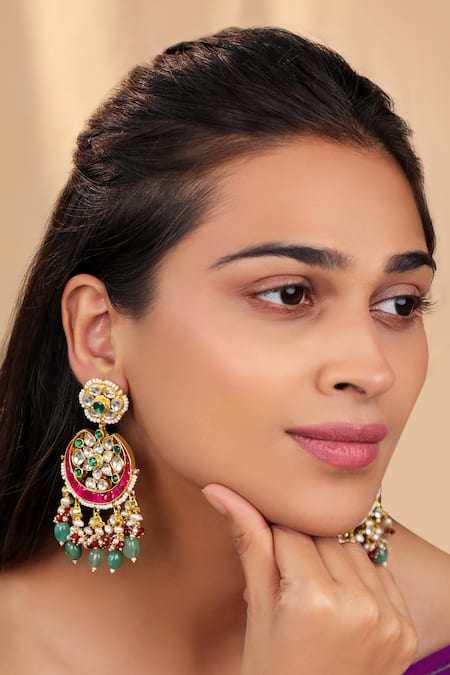 Riana Jewellery Pink Stones, Pearls Traditional Ethnic Chandbali Earrings 