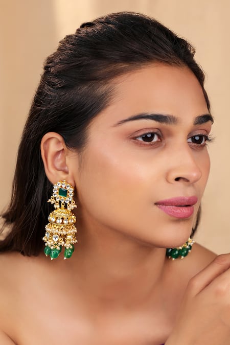 Riana Jewellery Green Stones, Beads Emerald Traditional Jhumki Earings 