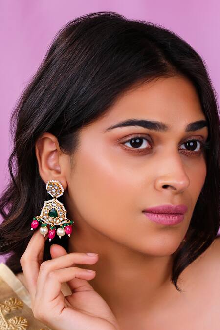 Buy_Riana Jewellery_Red Pearls, Gemstones Embellished Earrings _Online_at_Aza_Fashions