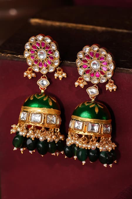 Shop_Riana Jewellery_Green Floral Ruby Jhumki Earings _at_Aza_Fashions