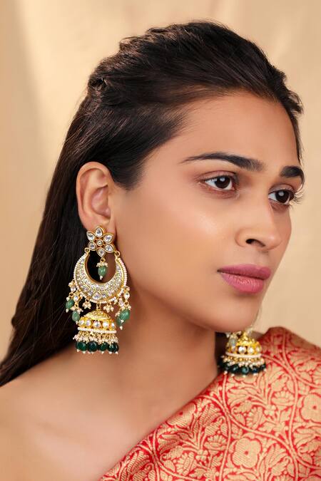 Riana Jewellery Green Stones, Beads Chandbali Jhumki Earings Online at Aza Fashions Riana Jewellery_Green Stones, Beads Chandbali Jhumki Earings _Online_at_Aza_Fashions