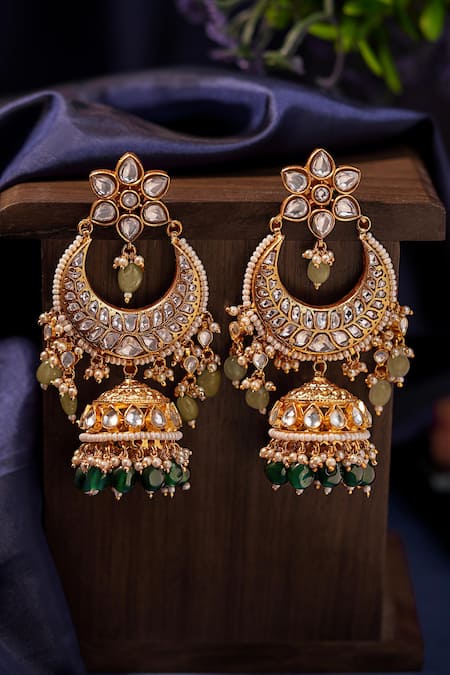 Shop Riana Jewellery Green Stones, Beads Chandbali Jhumki Earings at Aza Fashions Shop_Riana Jewellery_Green Stones, Beads Chandbali Jhumki Earings _at_Aza_Fashions