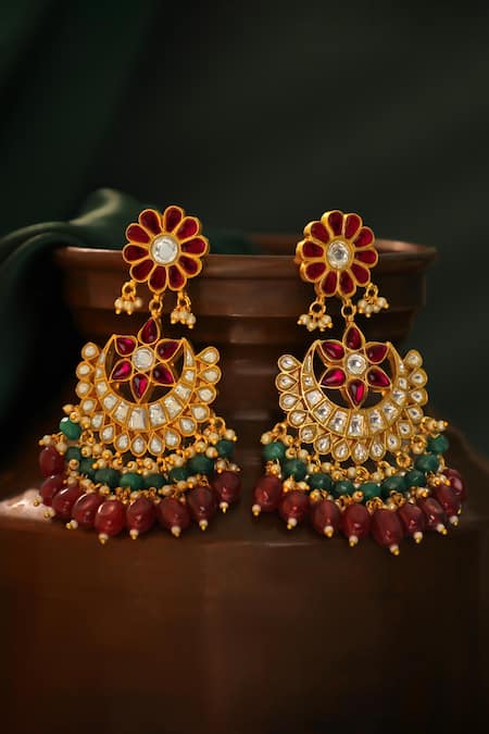 Shop_Riana Jewellery_Pink Gemstones, Beads Silver Chandbali Drop Earings _at_Aza_Fashions