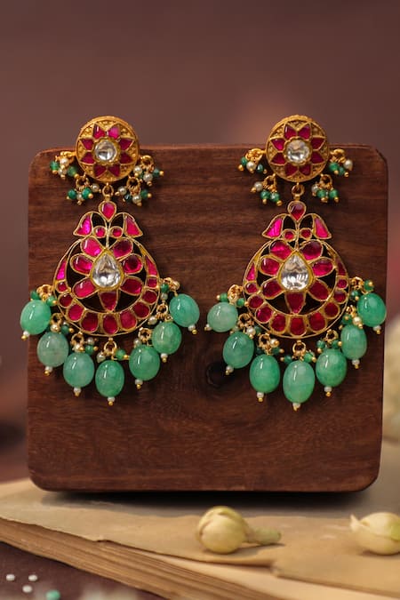 Shop Riana Jewellery Pink Ruby Earings In Unique Design And Pastel Green Drops at Aza Fashions Shop_Riana Jewellery_Pink Ruby Earings In Unique Design And Pastel Green Drops _at_Aza_Fashions