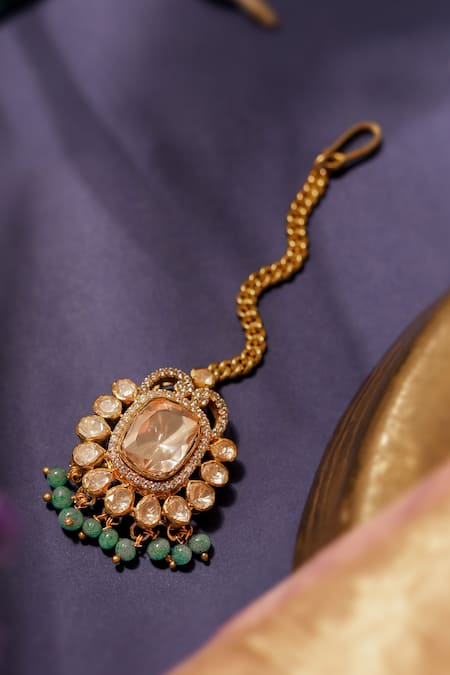 Shop Riana Jewellery Green Mozonite Stone Maangtikka at Aza Fashions Shop_Riana Jewellery_Green Mozonite Stone Maangtikka _at_Aza_Fashions