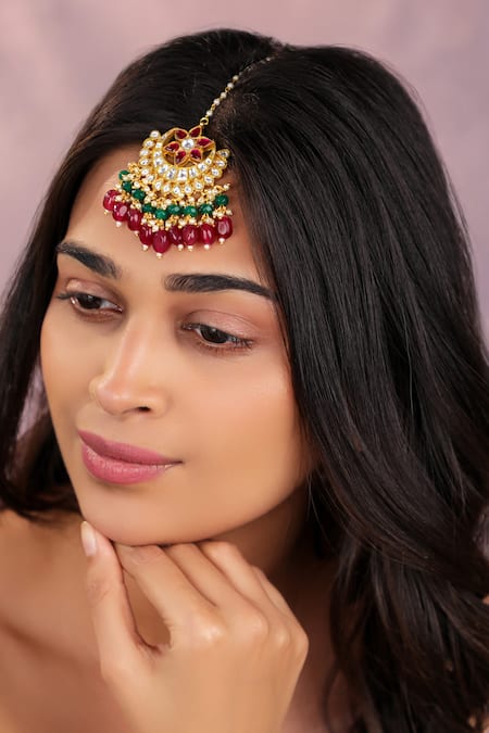 Riana Jewellery_Red Ruby Pink And Emerald Maangtikka _Online_at_Aza_Fashions