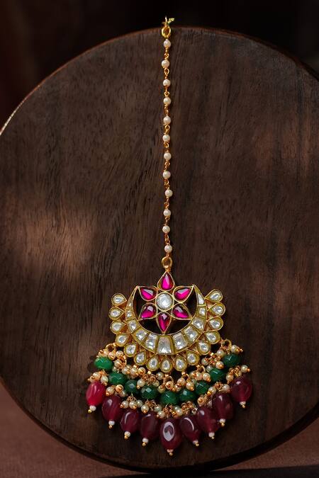 Buy_Riana Jewellery_Red Ruby Pink And Emerald Maangtikka _Online_at_Aza_Fashions