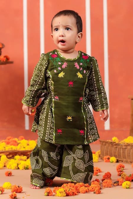 Cute Couture Green Cotton Embroidery Radha Rani Sharara Set 