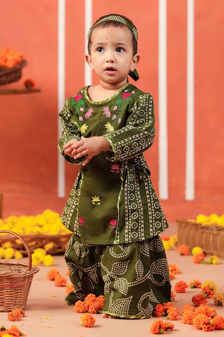 Cute Couture_Green Cotton Embroidery Radha Rani Sharara Set _Online_at_Aza_Fashions