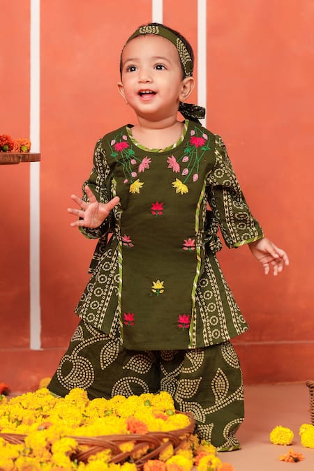 Shop_Cute Couture_Green Cotton Embroidery Radha Rani Sharara Set _Online_at_Aza_Fashions