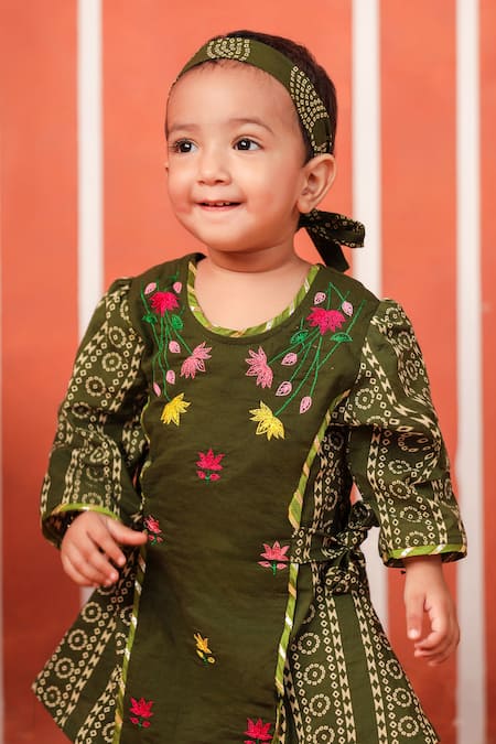 Cute Couture_Green Cotton Embroidery Radha Rani Sharara Set _at_Aza_Fashions