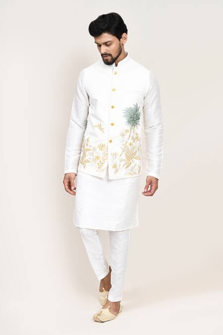 Arihant Rai Sinha_White Linen Embroidery Nehru Jacket _Online_at_Aza_Fashions