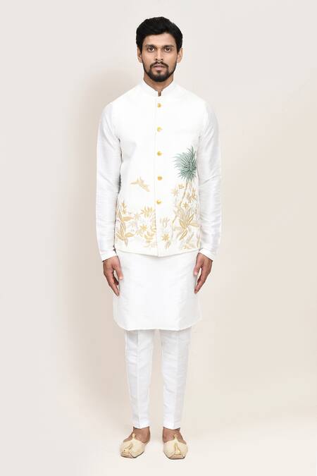 Buy_Arihant Rai Sinha_White Linen Embroidery Nehru Jacket _Online_at_Aza_Fashions