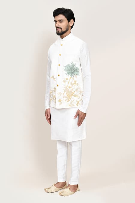 Shop_Arihant Rai Sinha_White Linen Embroidery Nehru Jacket _Online_at_Aza_Fashions