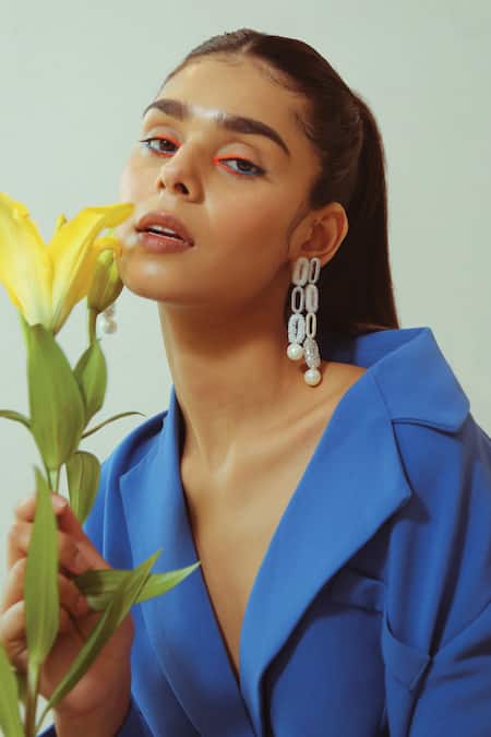 NAKHREWAALI White Embroidery Glow Up Long Pearl Drop Earrings Online at Aza Fashions NAKHREWAALI_White Embroidery Glow Up Long Pearl Drop Earrings _Online_at_Aza_Fashions