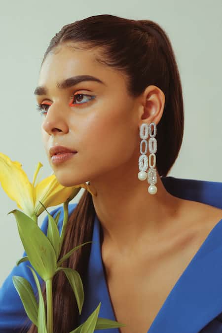 NAKHREWAALI White Embroidery Glow Up Long Pearl Drop Earrings 