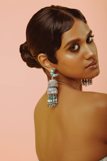 Shop NAKHREWAALI Blue Tassels What Tiered Jhumka Earrings at Aza Fashions Shop_NAKHREWAALI_Blue Tassels What Tiered Jhumka Earrings _at_Aza_Fashions