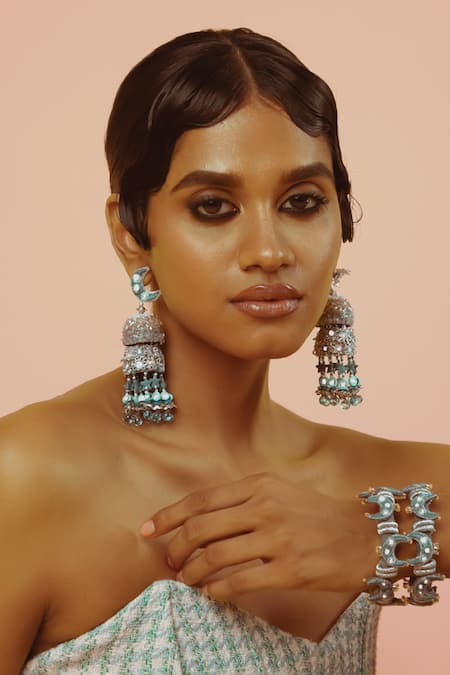 NAKHREWAALI Blue Tassels What Tiered Jhumka Earrings 
