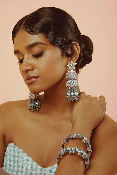 NAKHREWAALI Blue Tassels What Tiered Jhumka Earrings Online at Aza Fashions NAKHREWAALI_Blue Tassels What Tiered Jhumka Earrings _Online_at_Aza_Fashions