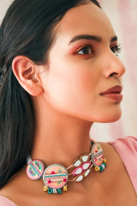 NAKHREWAALI_Pink Deewangi Multi Color Choker _Online_at_Aza_Fashions