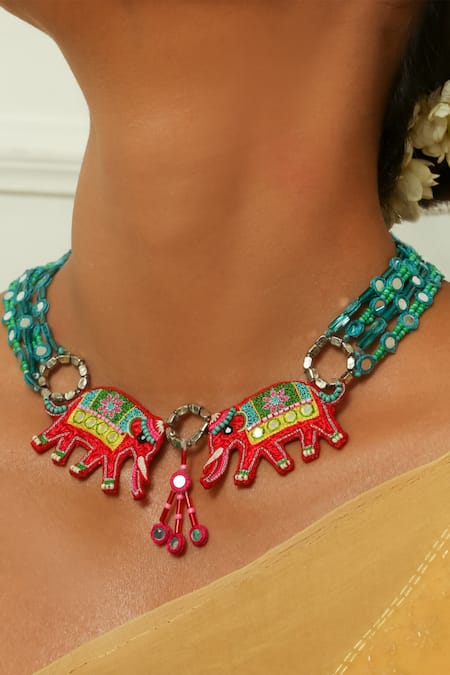 NAKHREWAALI_Red Multi Color Haathi Mere Necklace _Online_at_Aza_Fashions