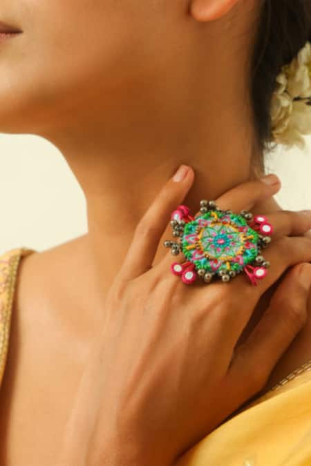 NAKHREWAALI Beads Multi Color Adjustable Pushpa Ring Online at Aza Fashions NAKHREWAALI_Beads Multi Color Adjustable Pushpa Ring _Online_at_Aza_Fashions