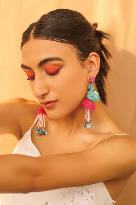 NAKHREWAALI_Magenta Tassels, Sequins Madari Flamingo Earrings _Online_at_Aza_Fashions