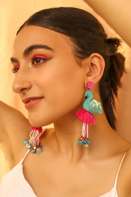 NAKHREWAALI Magenta Tassels, Sequins Madari Flamingo Earrings 