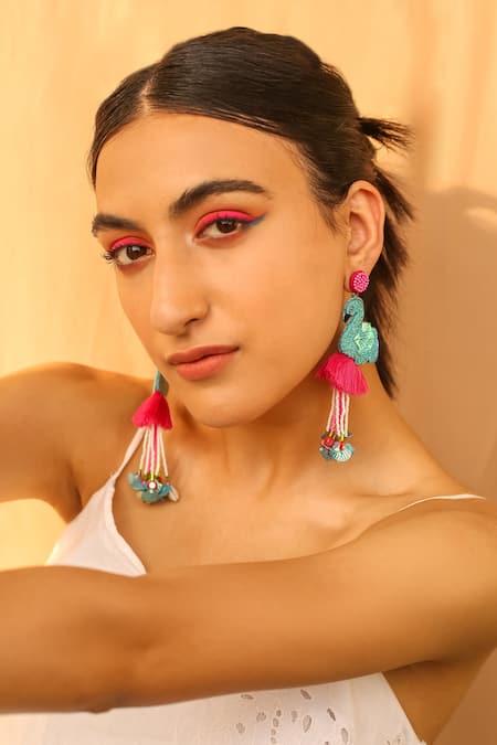 Buy_NAKHREWAALI_Magenta Tassels, Sequins Madari Flamingo Earrings _Online_at_Aza_Fashions