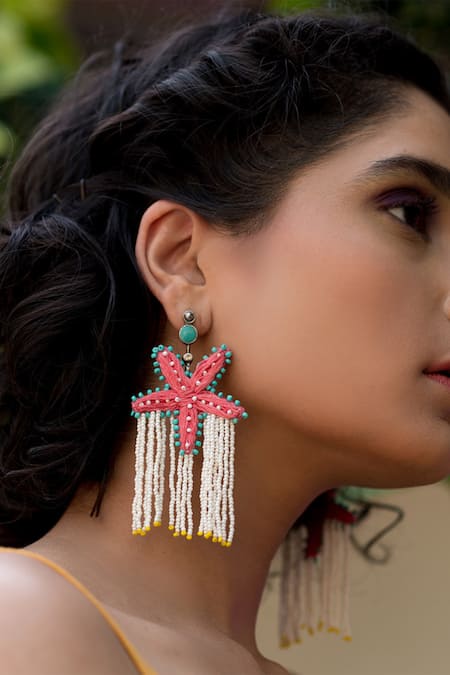 NAKHREWAALI_Coral Beads, Embroidery Barso Hand Starfish Earrings _Online_at_Aza_Fashions