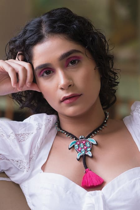 NAKHREWAALI  Chandni Multi Color Mirror Work Turtle Necklace 
