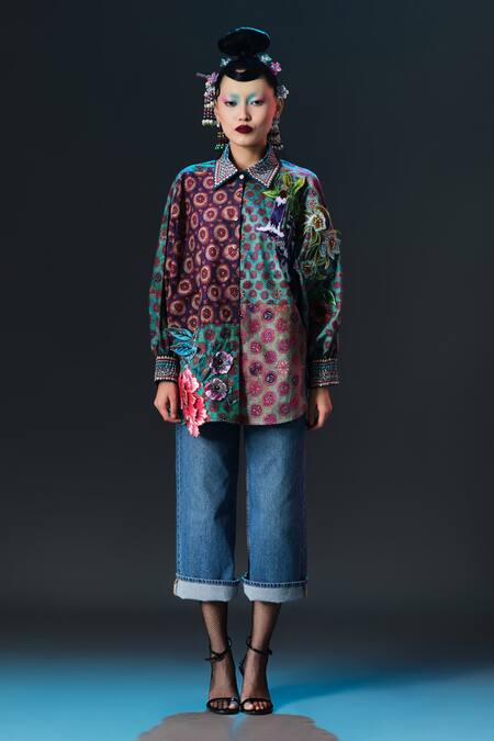 Buy_Rajdeep Ranawat_Multi Color Cotton, Poplin Embroidery, Faiza Curvy Printed _Online_at_Aza_Fashions