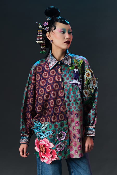 Rajdeep Ranawat Faiza Shirt Curvy Printed Embroidered Shirt 