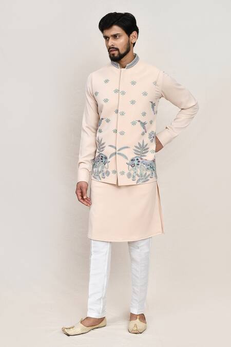 Arihant Rai Sinha_Cream Linen, Wool Embroidery Thread Work Nehru Jacket _Online_at_Aza_Fashions