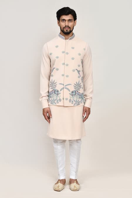 Buy_Arihant Rai Sinha_Cream Linen, Wool Embroidery Thread Work Nehru Jacket _Online_at_Aza_Fashions