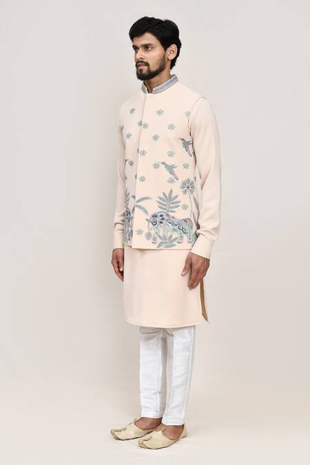 Shop_Arihant Rai Sinha_Cream Linen, Wool Embroidery Thread Work Nehru Jacket _Online_at_Aza_Fashions