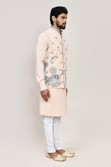 Arihant Rai Sinha_Cream Linen, Wool Embroidery Thread Work Nehru Jacket _at_Aza_Fashions