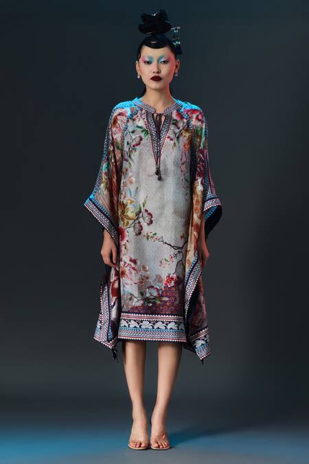 Rajdeep Ranawat_Beige Silk V-neck Ramona Floral Printed _Online_at_Aza_Fashions