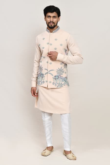 Buy_Arihant Rai Sinha_Cream Linen, Wool Embroidery Thread Work Nehru Jacket 