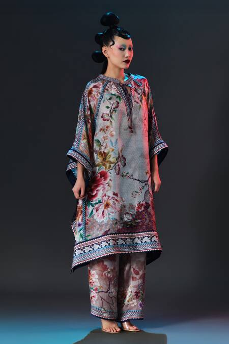 Buy_Rajdeep Ranawat_Beige Silk V-neck Ramona Floral Printed _Online_at_Aza_Fashions