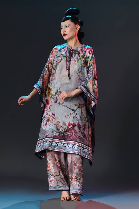 Shop_Rajdeep Ranawat_Beige Silk V-neck Ramona Floral Printed _Online_at_Aza_Fashions