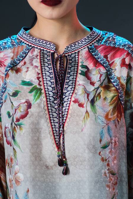 Rajdeep Ranawat_Beige Silk V-neck Ramona Floral Printed _at_Aza_Fashions