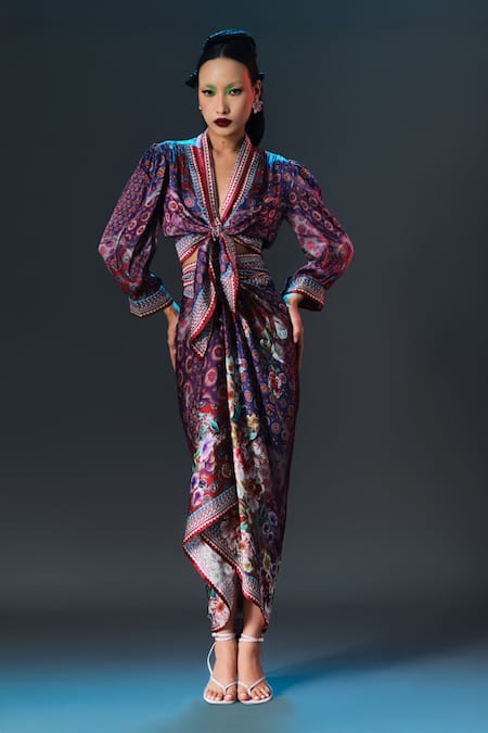 Rajdeep Ranawat_Multi Color Polyester, Satin Rubali Printed With Tie Up _Online_at_Aza_Fashions