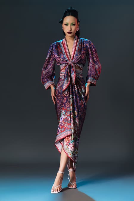 Rajdeep Ranawat_Multi Color Modal, Satin Indonesia Printed Tie Up Draped _Online_at_Aza_Fashions