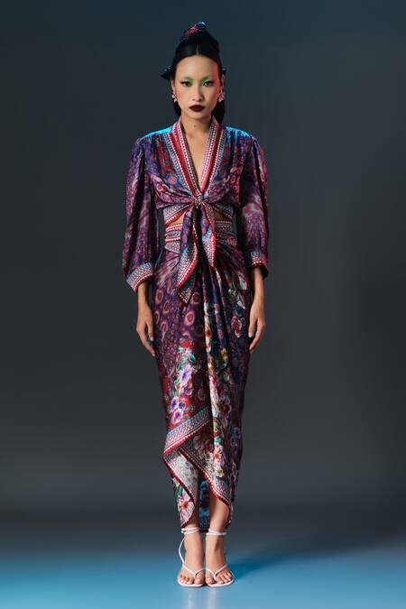 Buy_Rajdeep Ranawat_Multi Color Modal, Satin Indonesia Printed Tie Up Draped _Online_at_Aza_Fashions