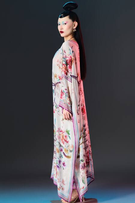 Rajdeep Ranawat_Beige Silk V-neck Vienna Floral Printed _Online_at_Aza_Fashions