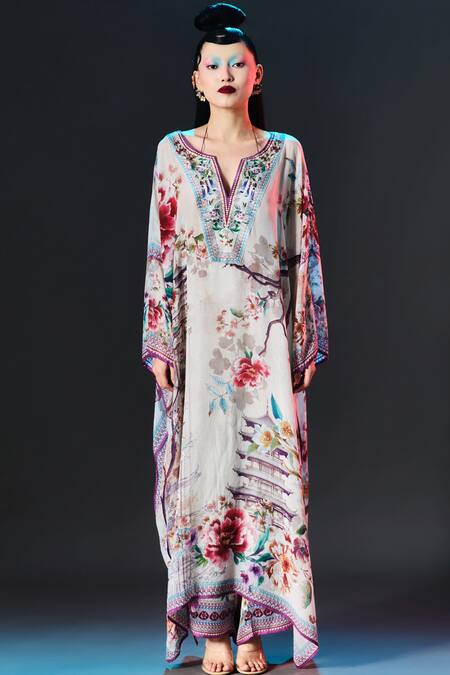 Buy_Rajdeep Ranawat_Beige Silk V-neck Vienna Floral Printed _Online_at_Aza_Fashions